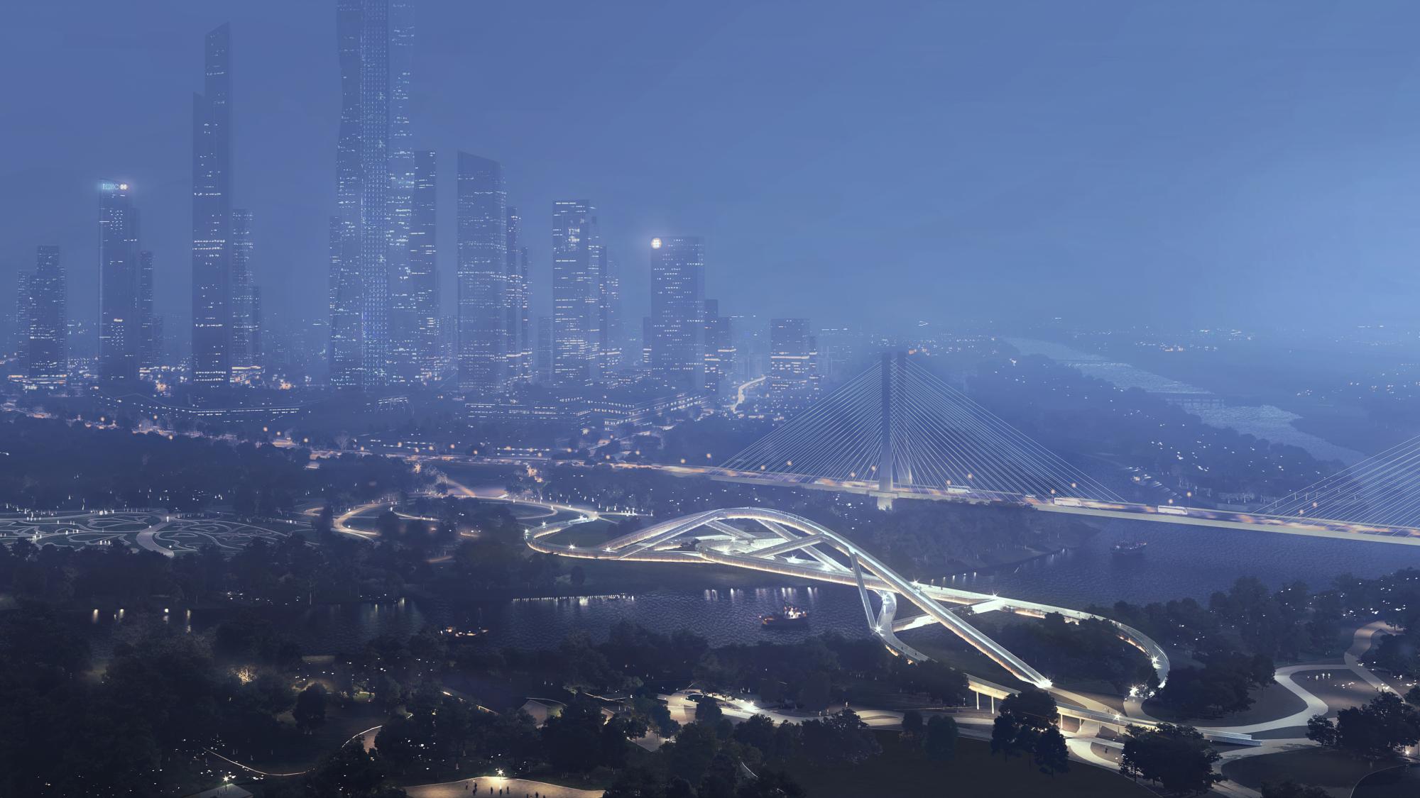 Footbridge at the Estuary of Qinhuai New River design by Christian Kerez in collaboration with Joseph Schwartz